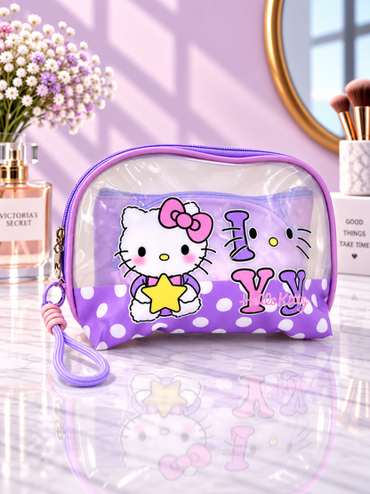 Purple polka dot Hello Kitty 3-in-1 cosmetic organizer with clear zip pouch and wrist strap