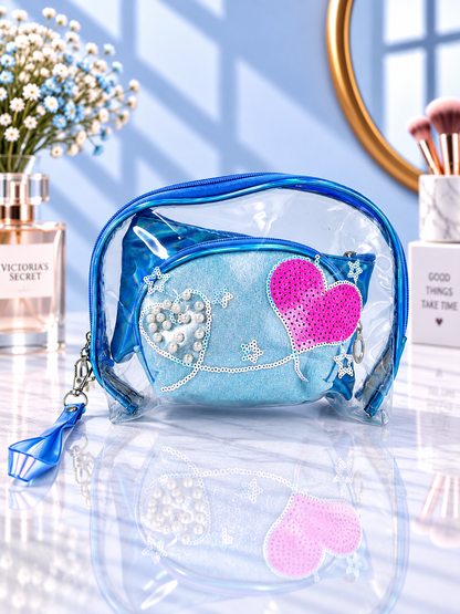 Blue transparent cosmetic organizer pouch with sequined heart and pearl-style embellishments