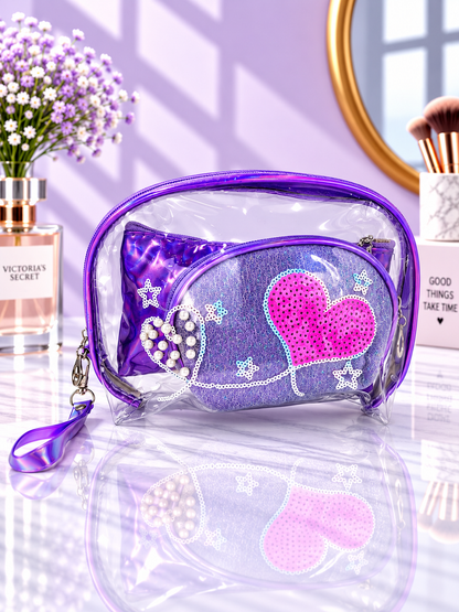 Purple transparent cosmetic organizer pouch with sequined heart and pearl-style chain accents