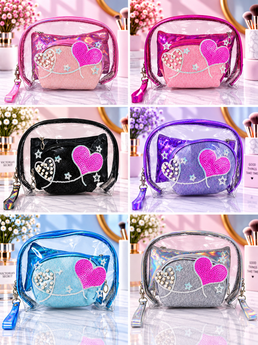 Sequined Heart & Pearls 3-in-1 Cosmetic Organizer