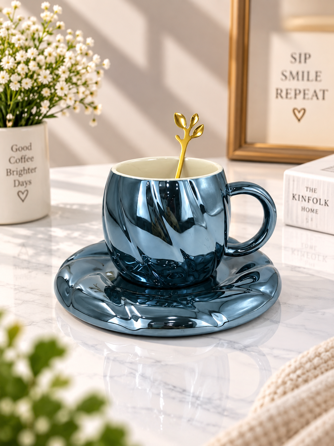Ceramic Swirl Coffee Cup & Saucer Set with Spoon