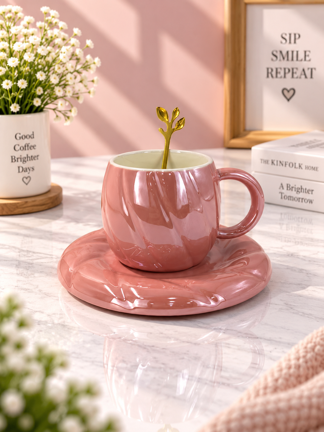 Ceramic Swirl Coffee Cup & Saucer Set with Spoon