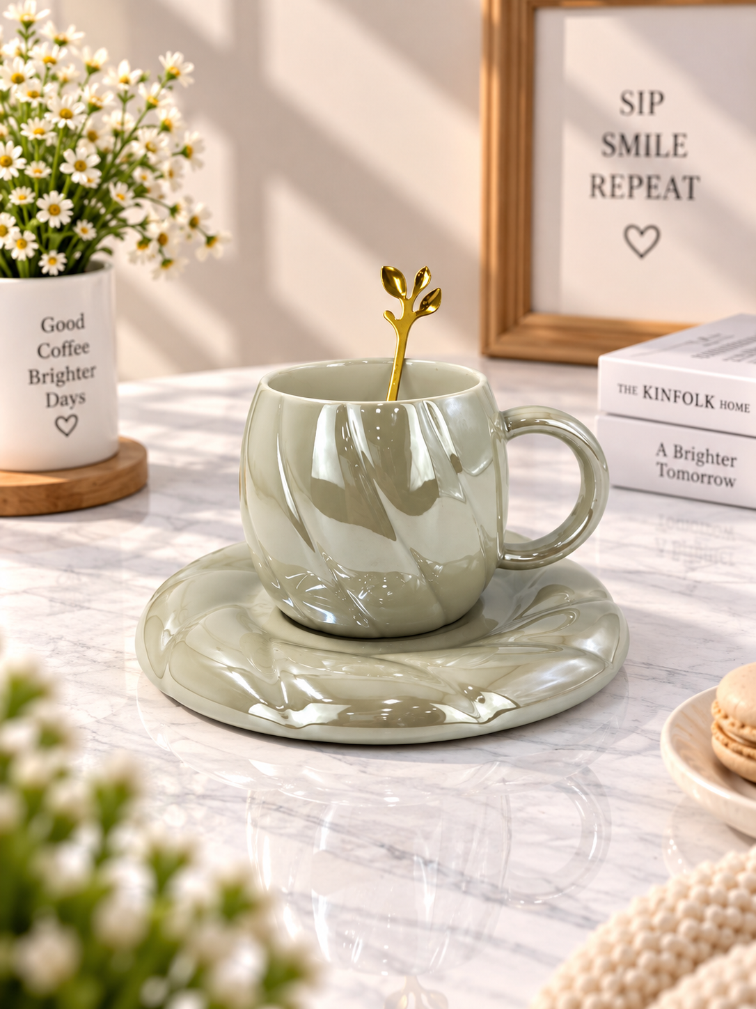 Ceramic Swirl Coffee Cup & Saucer Set with Spoon