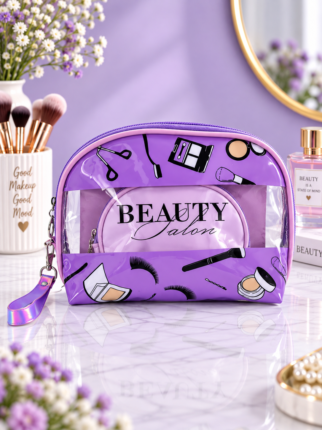 Purple 3-in-1 cosmetic organizer bag with clear front pouch and makeup icon print