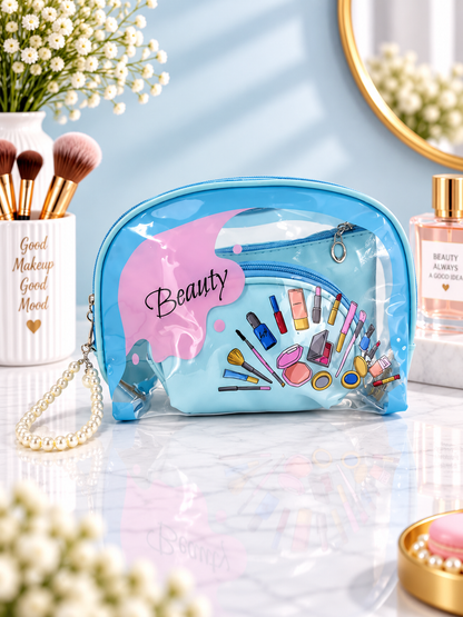 Light blue cosmetic organizer pouch with clear front and colorful makeup graphic, zipper closure