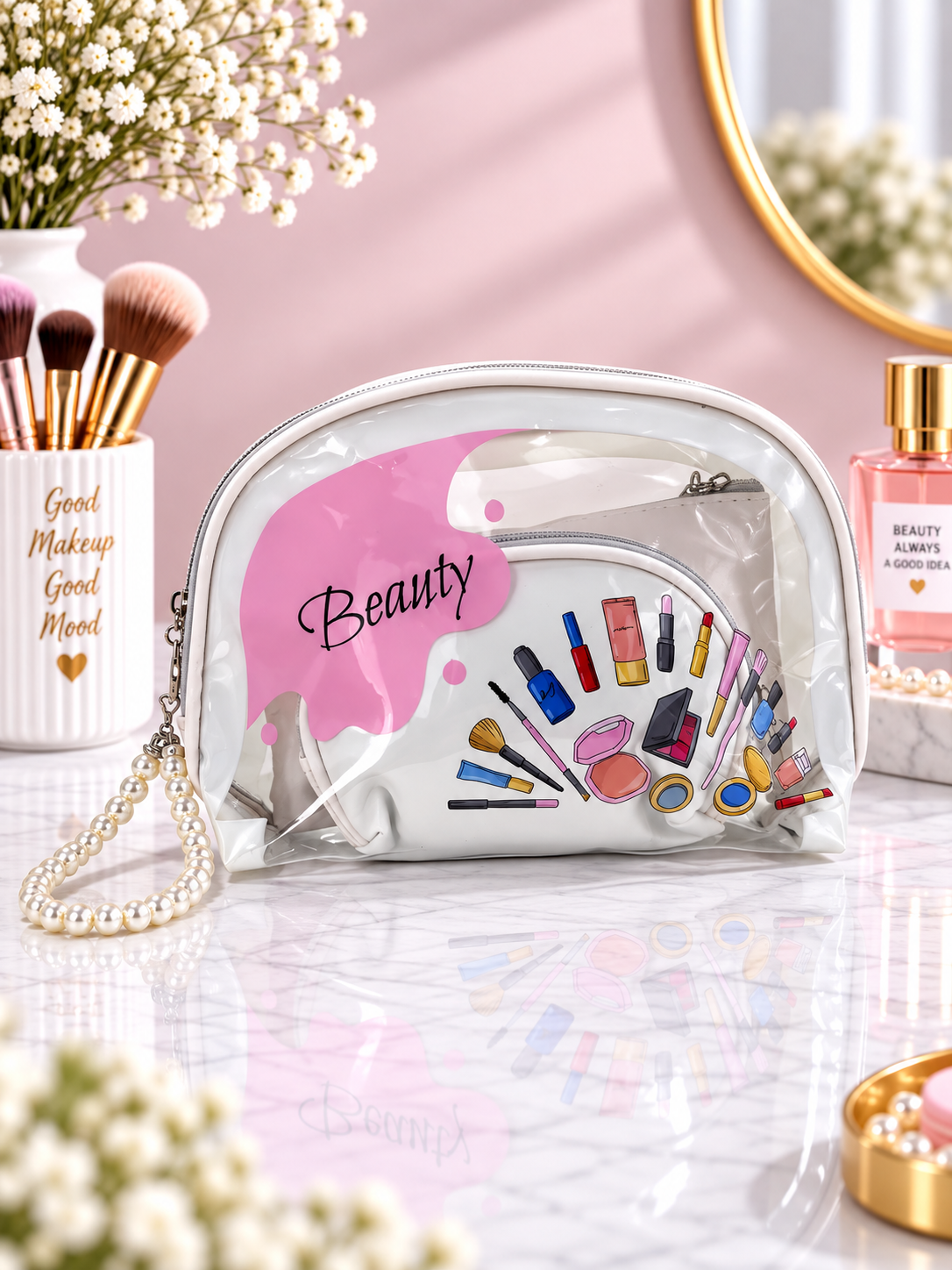 "Beauty" Splash & Cosmetics Print 3-in-1 Cosmetic Organizer