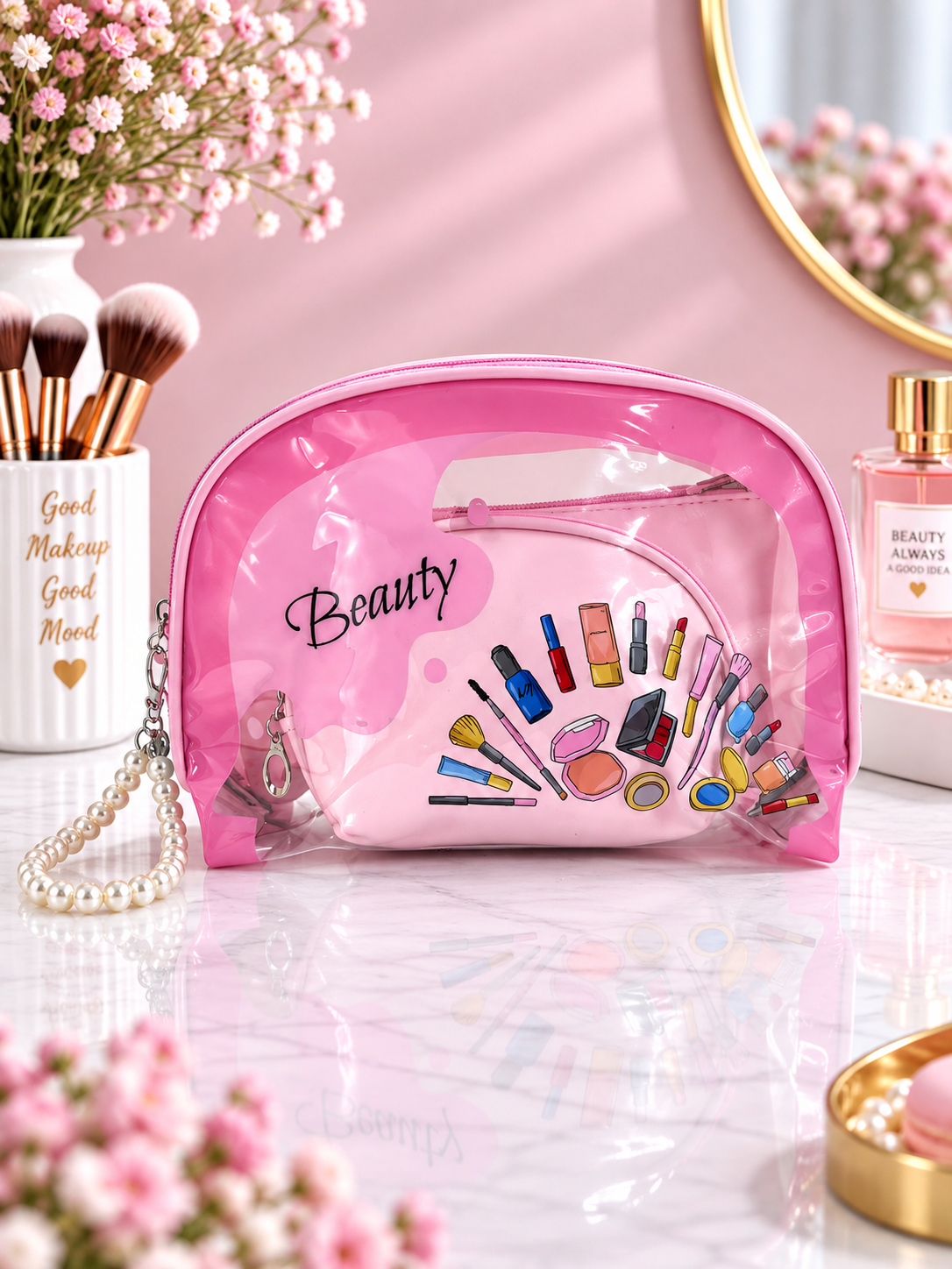 "Beauty" Splash & Cosmetics Print 3-in-1 Cosmetic Organizer
