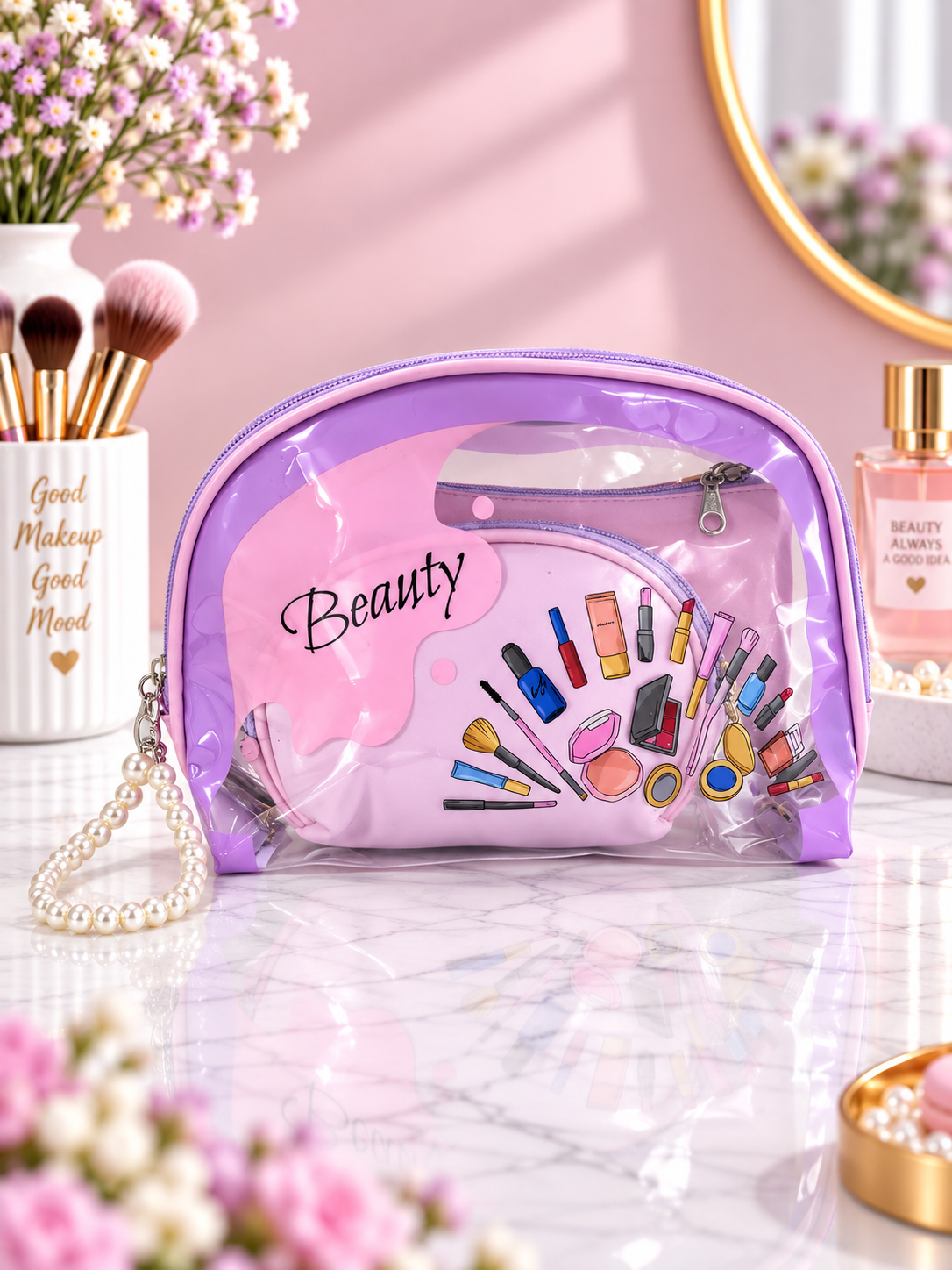 "Beauty" Splash & Cosmetics Print 3-in-1 Cosmetic Organizer