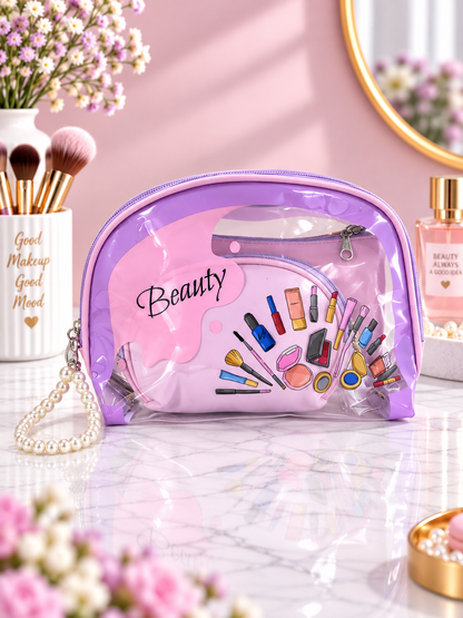 Pink cosmetic organizer pouch with clear front and colorful makeup graphic, zipper closure