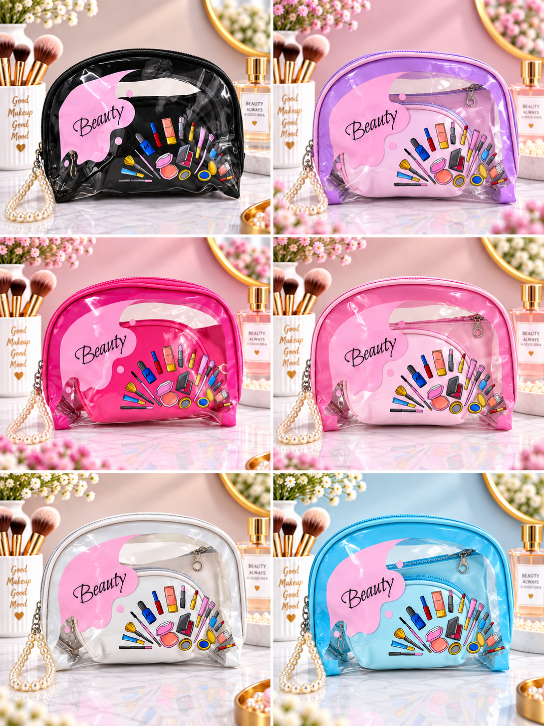 Black cosmetic organizer pouch with clear front and colorful makeup graphic, zipper closure