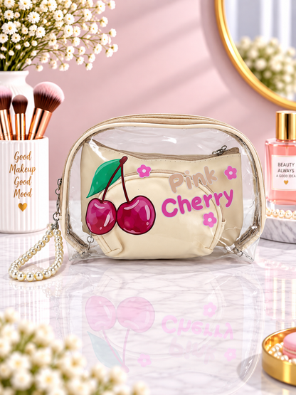 3-in-1 cosmetic organizer pouch, beige with green leaves and cherry “Pink Cherry” print