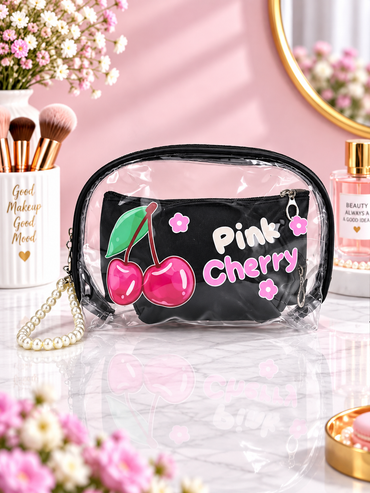 3-in-1 cosmetic organizer pouch, black “Pink Cherry” design with zipper and clear window