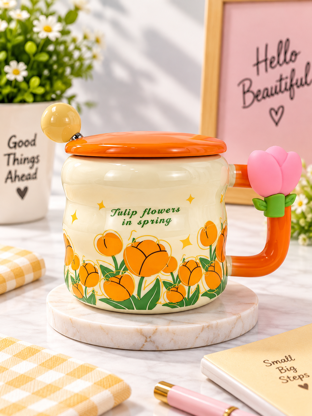 Ceramic Tulip Coffee Mug with Lid & Spoon