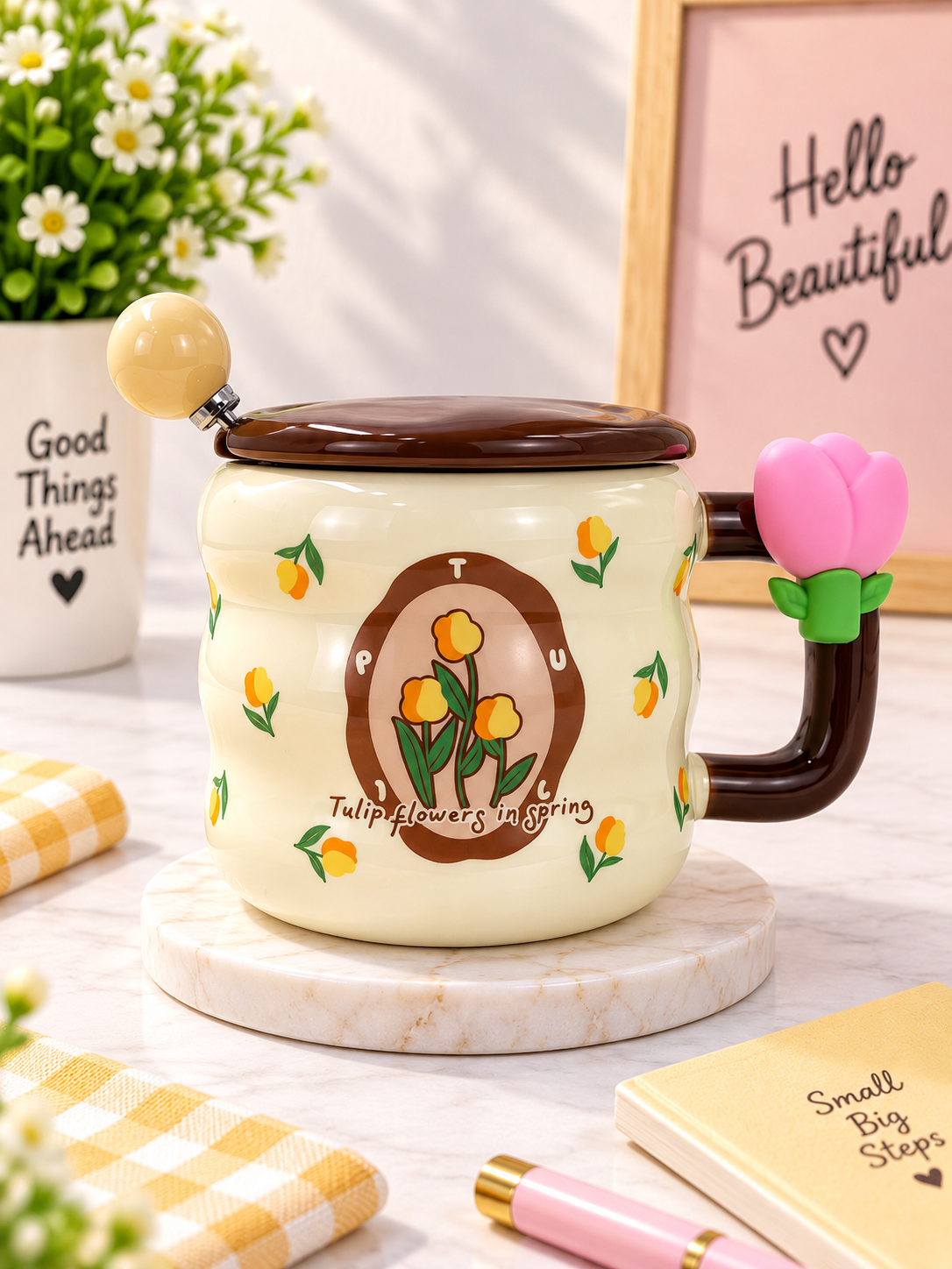 Ceramic Tulip Coffee Mug with Lid & Spoon