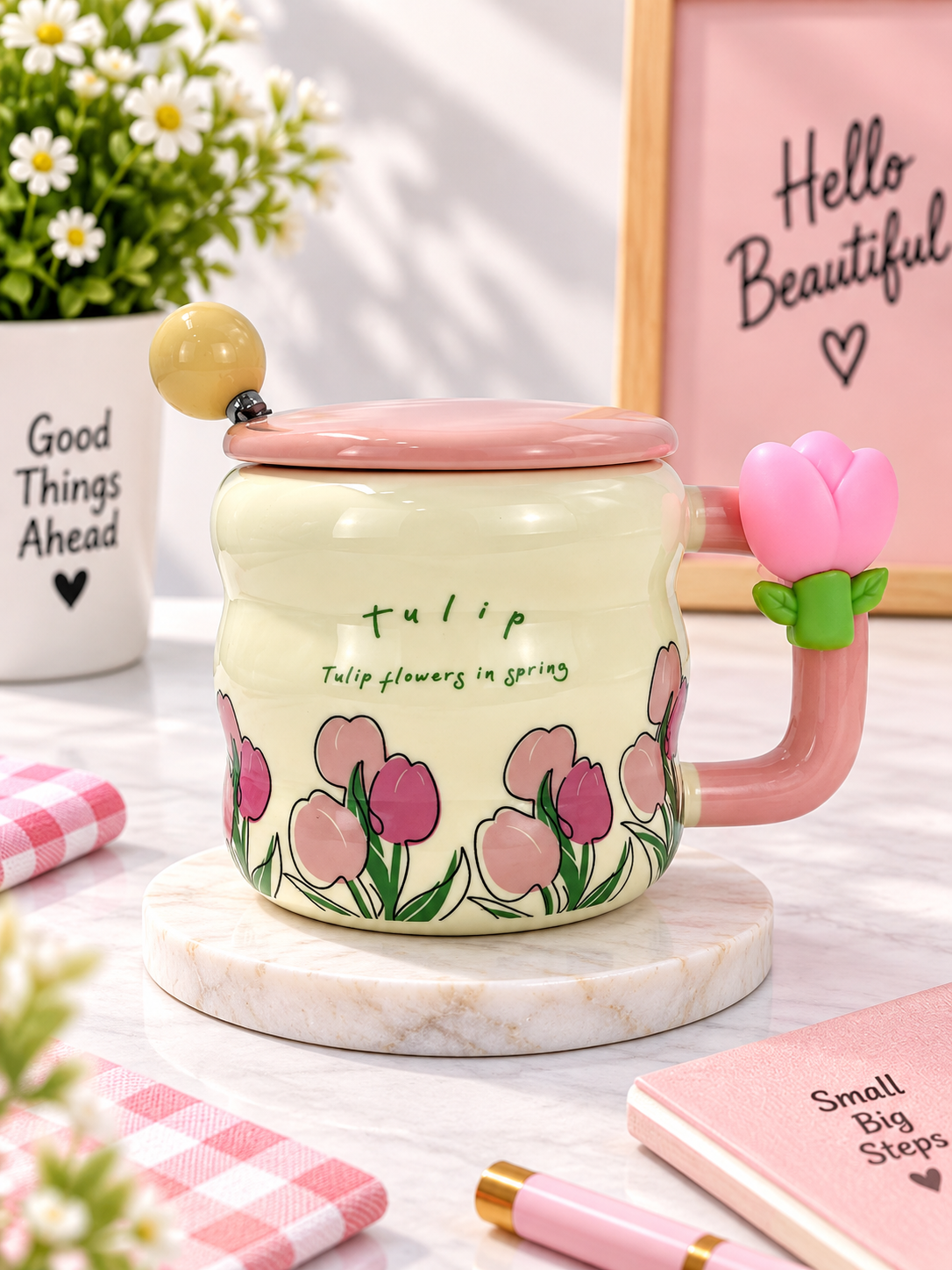 Ceramic Tulip Coffee Mug with Lid & Spoon