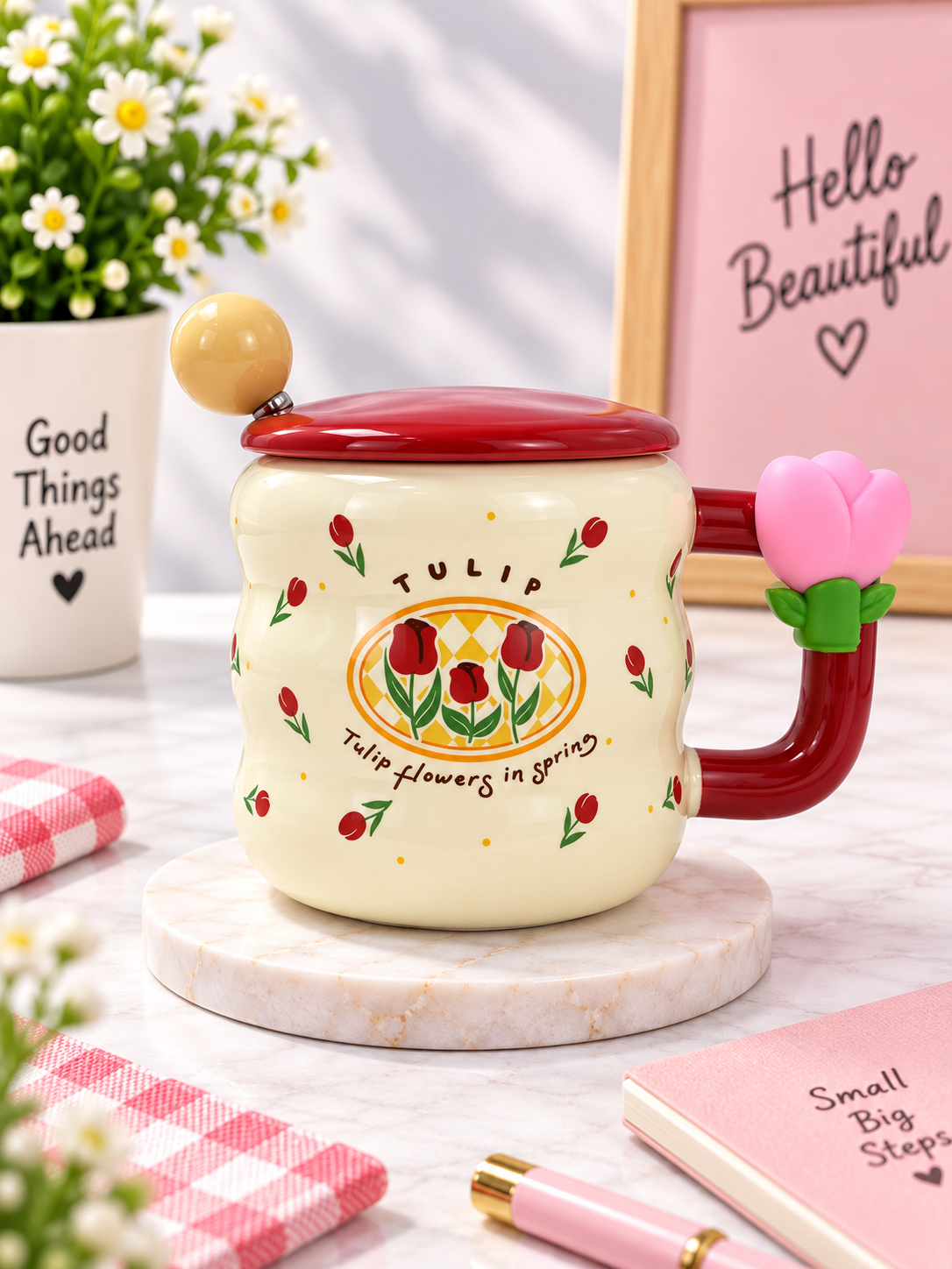 Ceramic Tulip Coffee Mug with Lid & Spoon