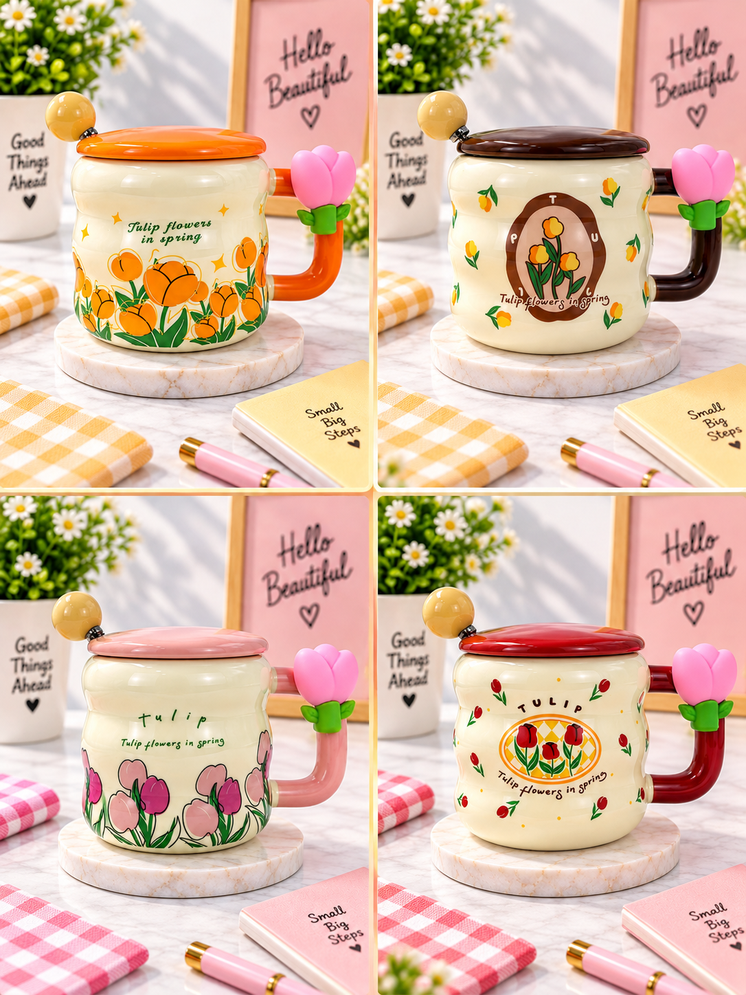 Ceramic Tulip Coffee Mug with Lid & Spoon