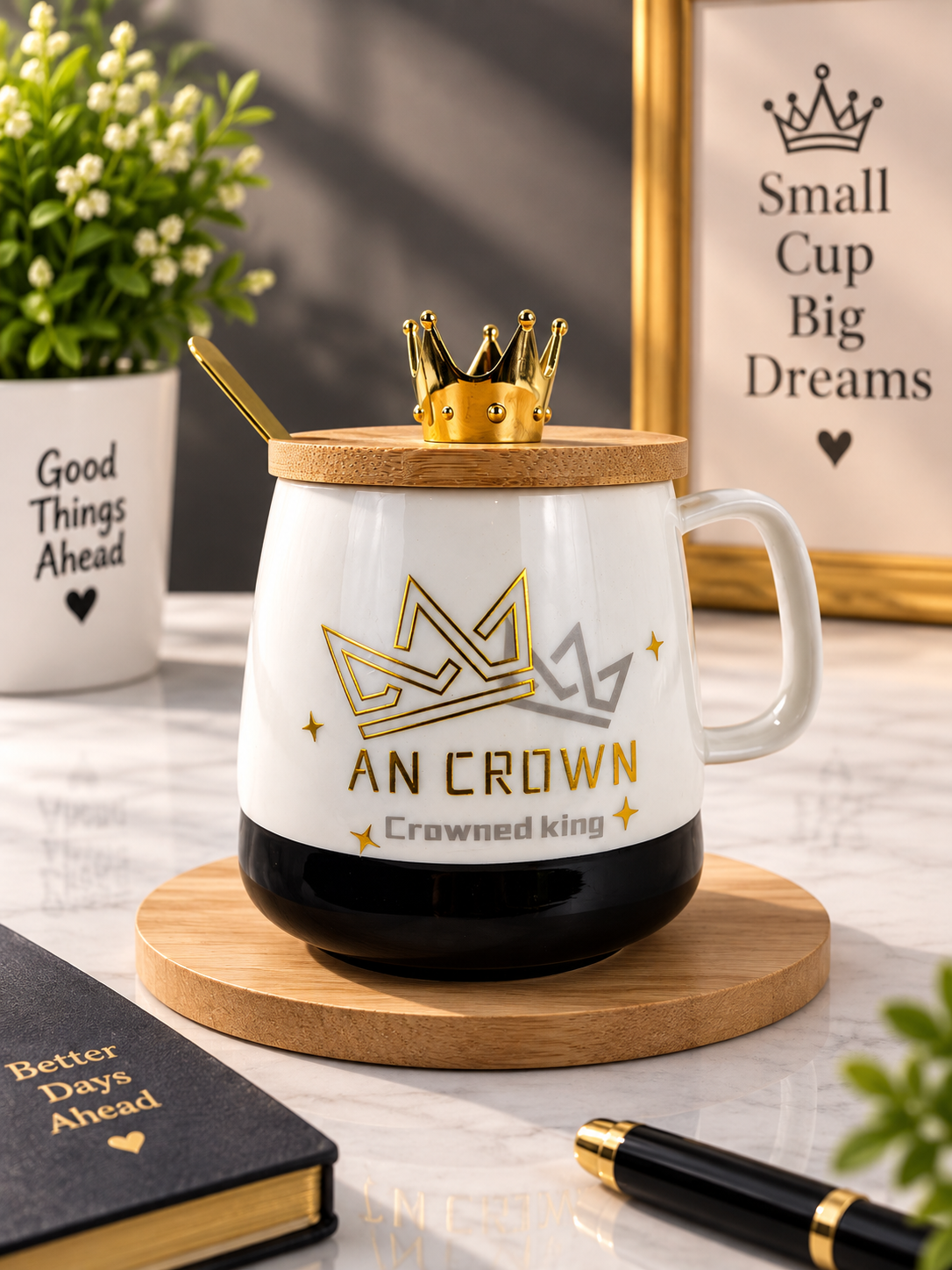 Wood-lidded ceramic mug with gold crown topper; white body, gold crest, dark base