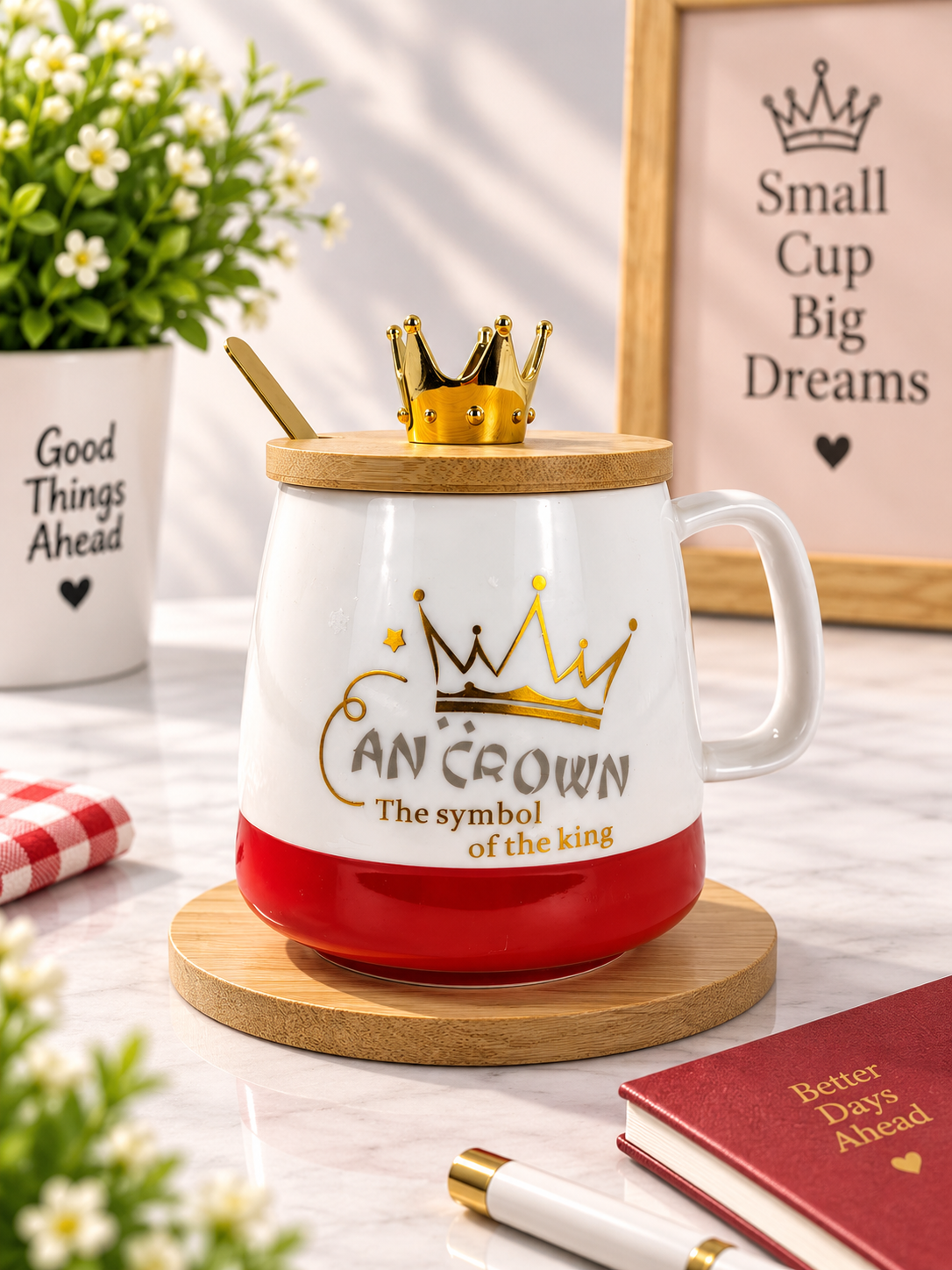 Wood-lidded ceramic mug with gold crown topper; white body, gold logo, red base