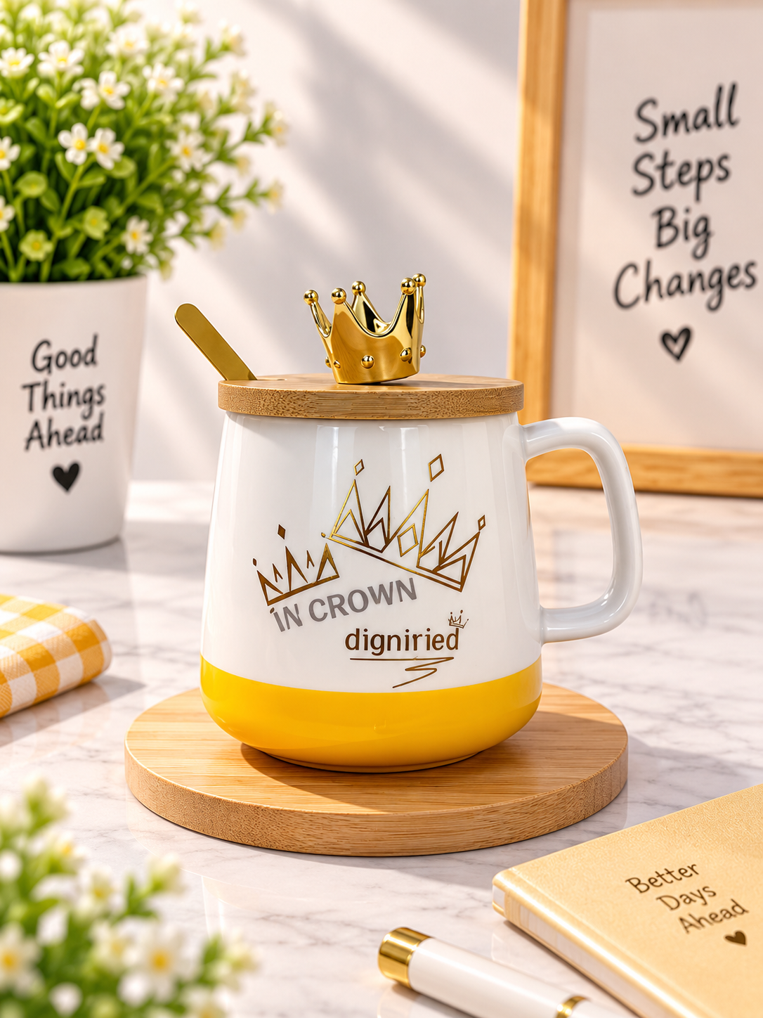 Wood-lidded ceramic mug with gold crown topper; white body, gold crest, yellow base