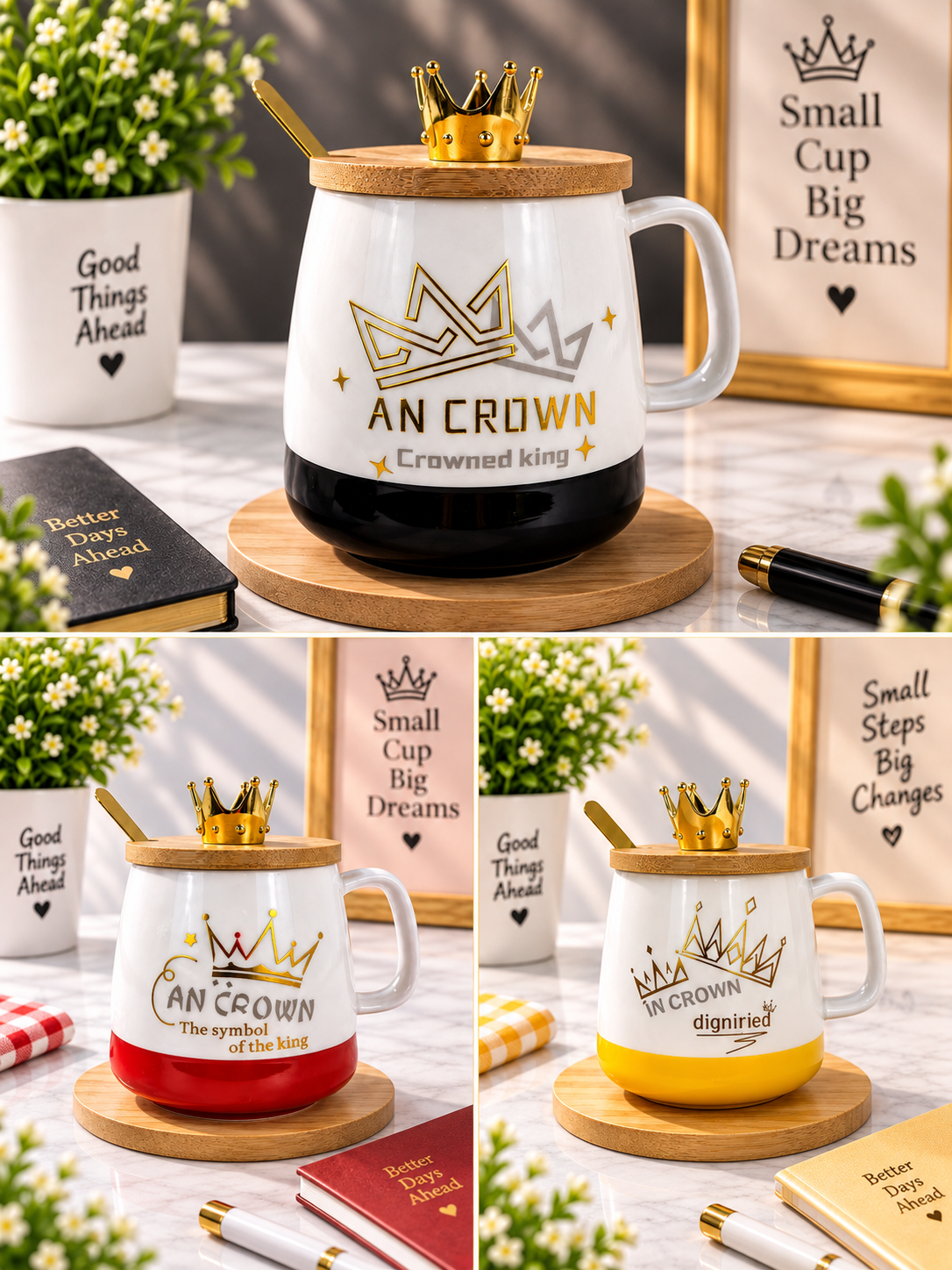 Three ceramic mugs with wooden lids and gold crown toppers; white bodies, gold logos, mixed bases