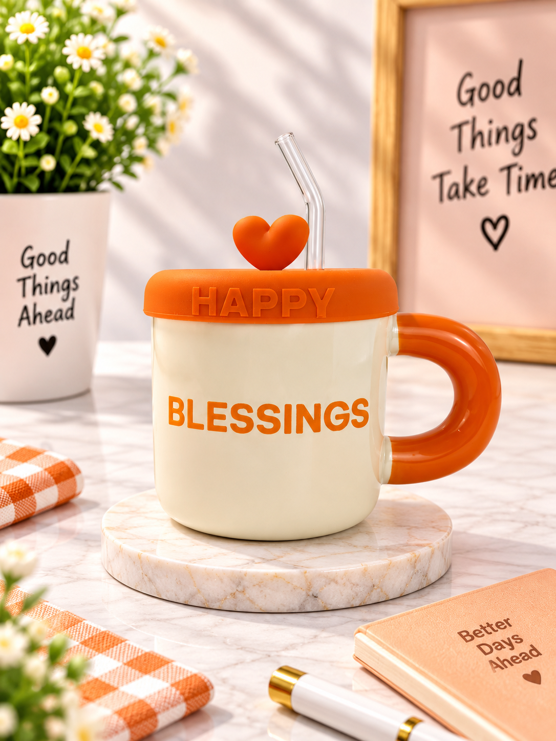 Ceramic Mug with Lid, Straw & Heart Handle