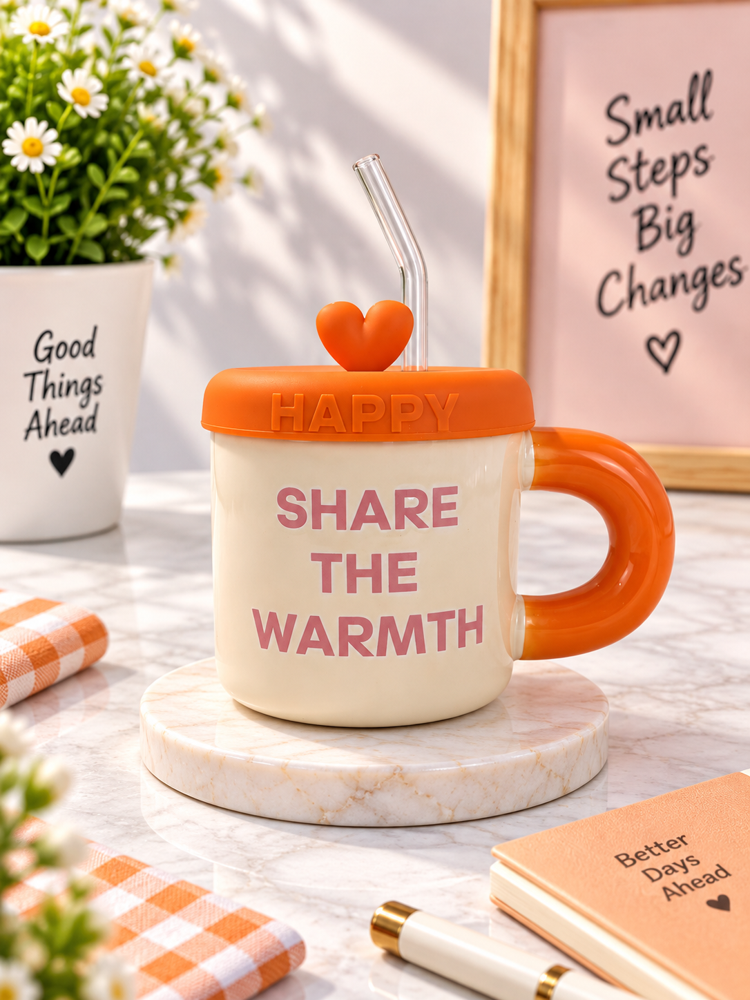Ceramic Mug with Lid, Straw & Heart Handle