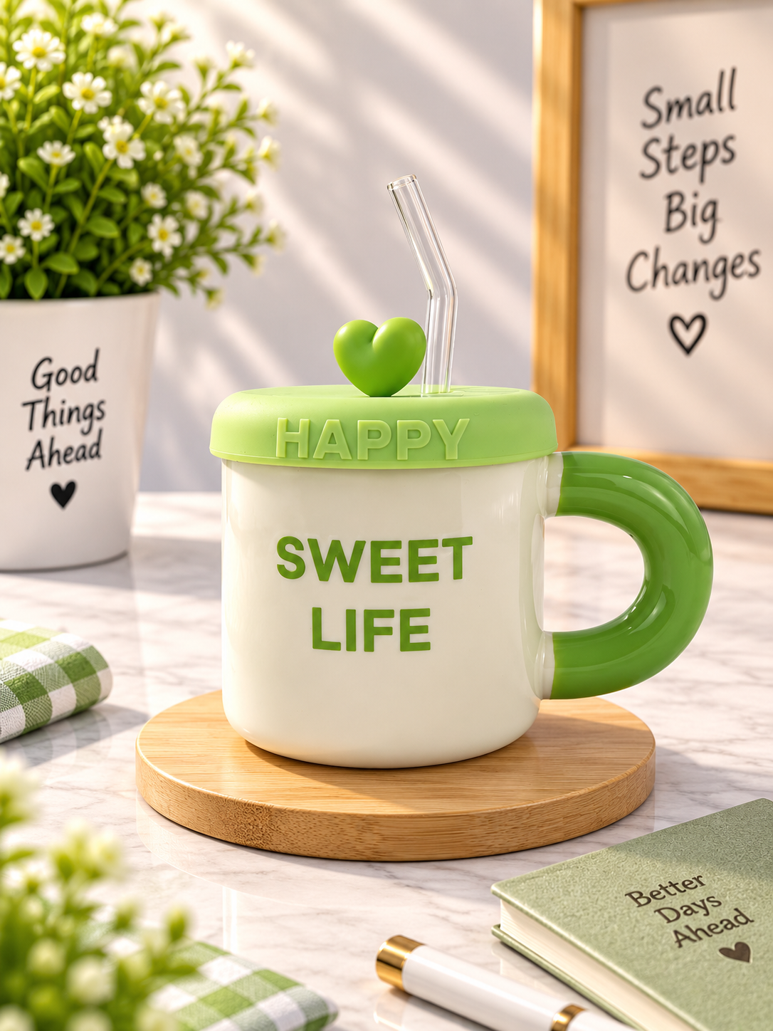 Ceramic Mug with Lid, Straw & Heart Handle
