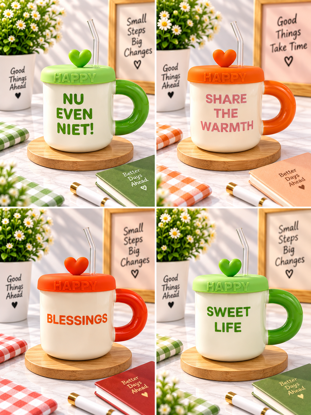 Ceramic Mug with Lid, Straw & Heart Handle