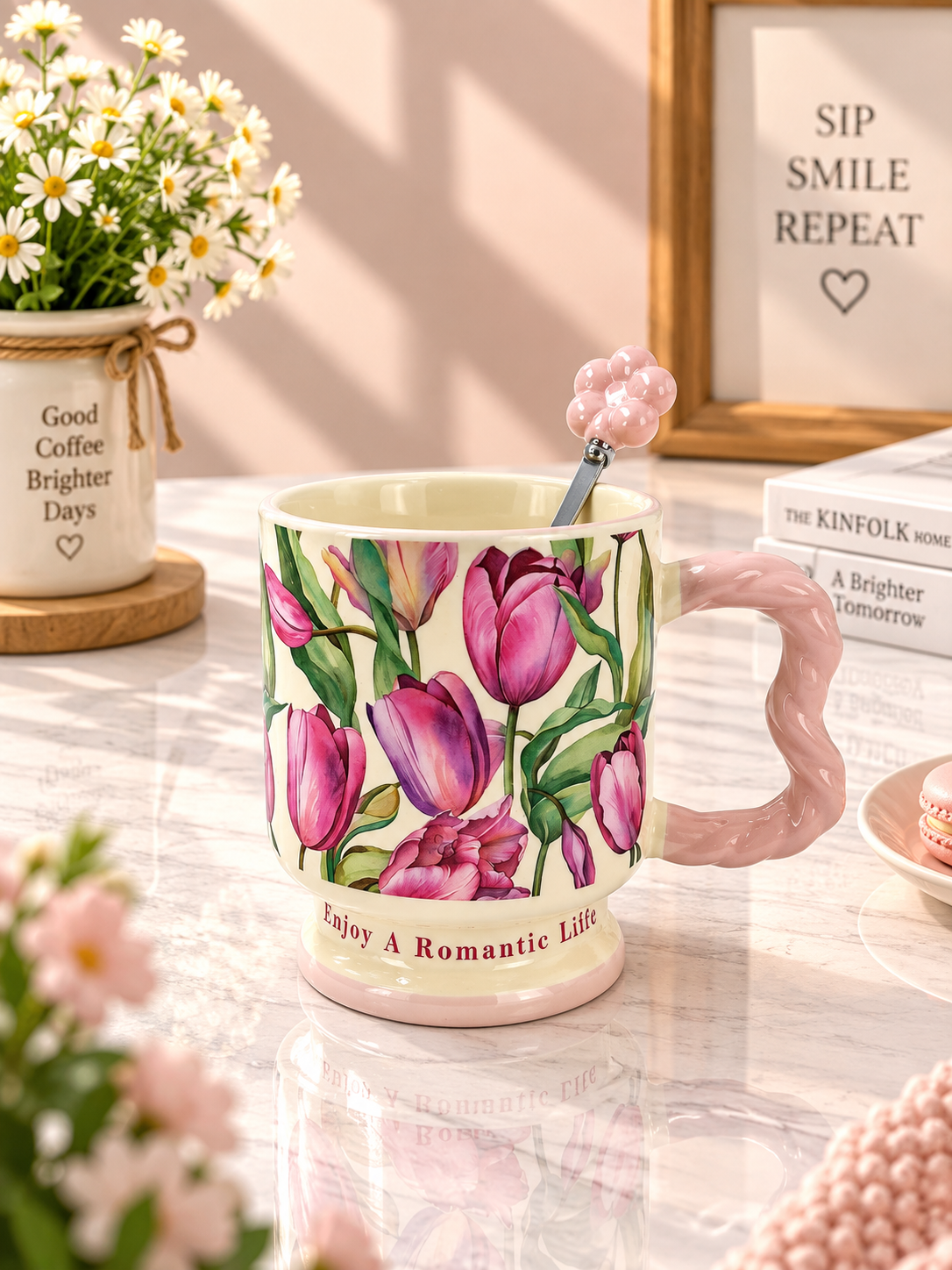 Ceramic Floral Coffee Mug with Spoon