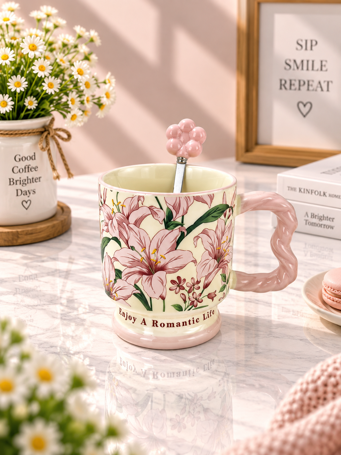 Ceramic Floral Coffee Mug with Spoon