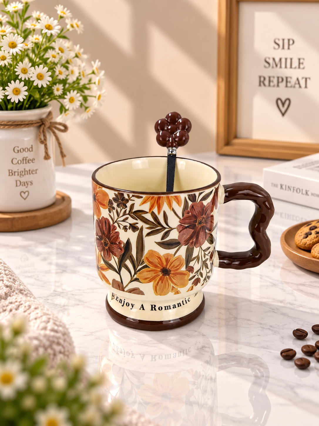 Ceramic Floral Coffee Mug with Spoon