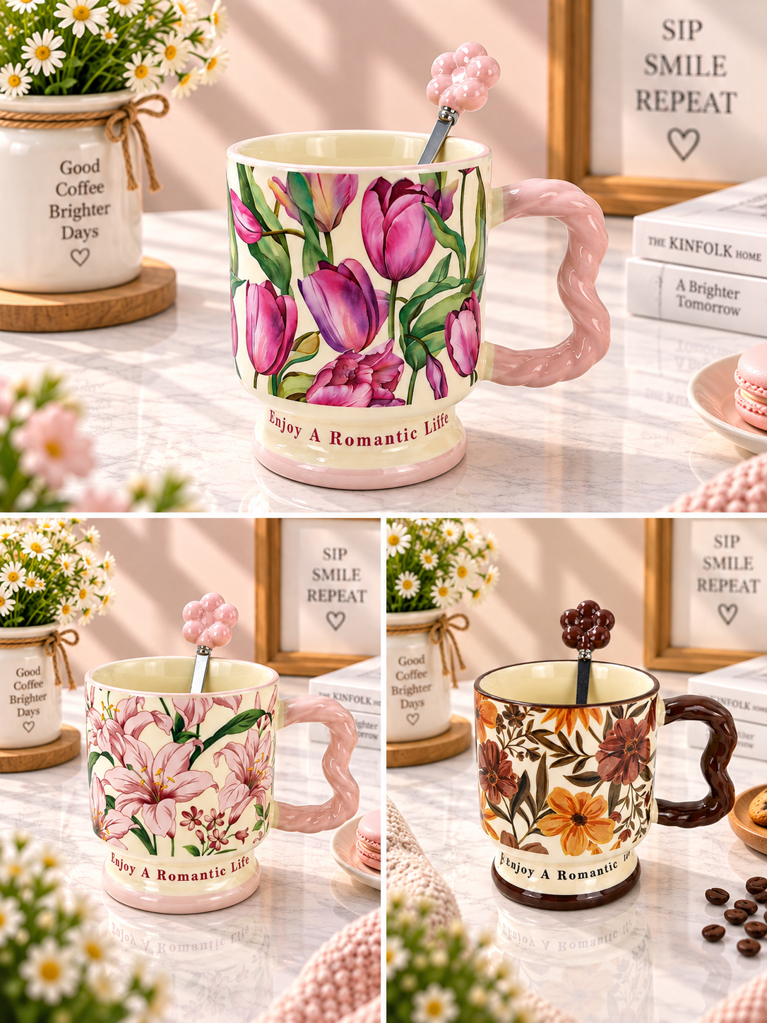 Ceramic Floral Coffee Mug with Spoon