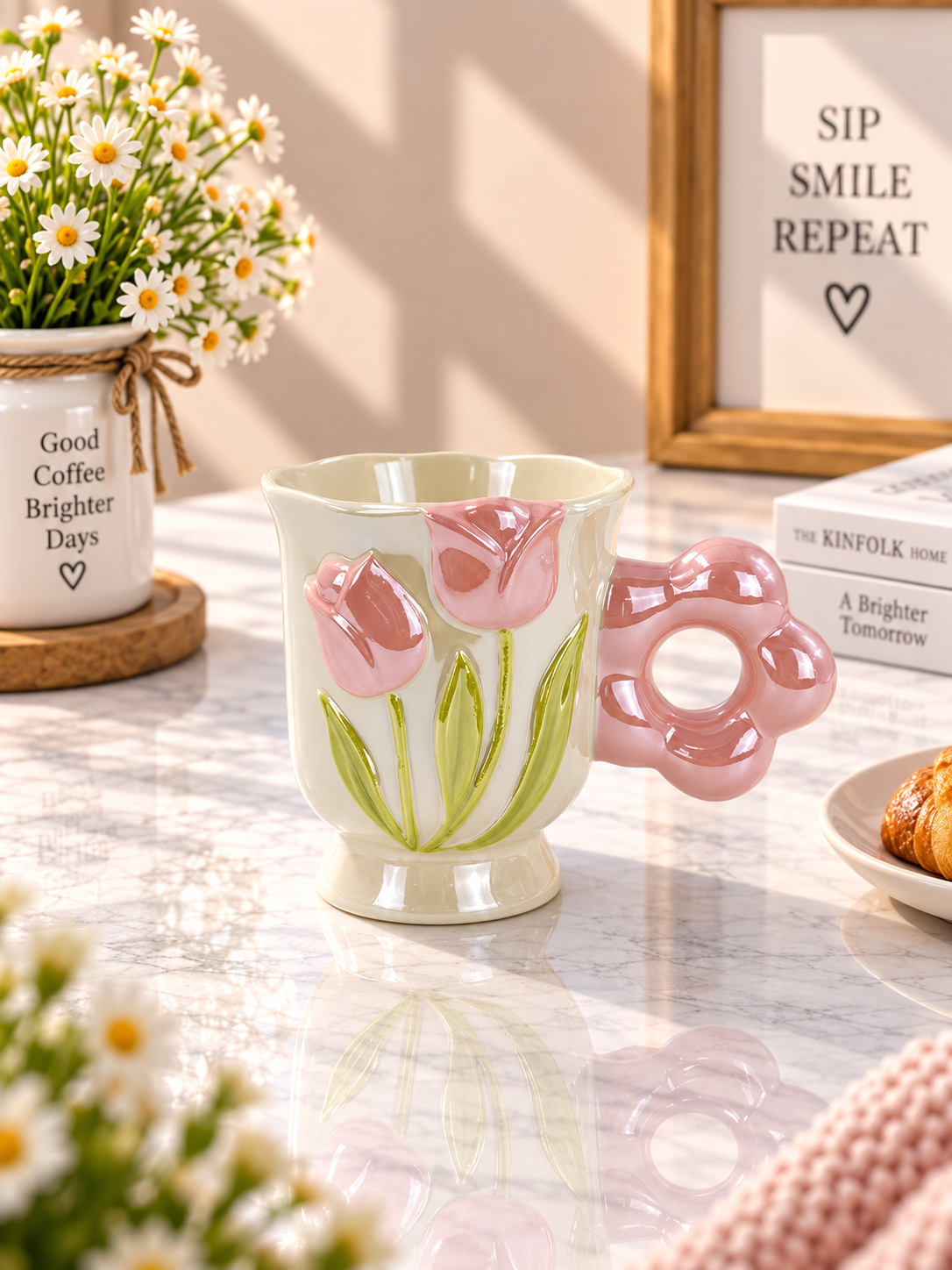 Ceramic Embossed Tulip Coffee Mug with Flower Handle