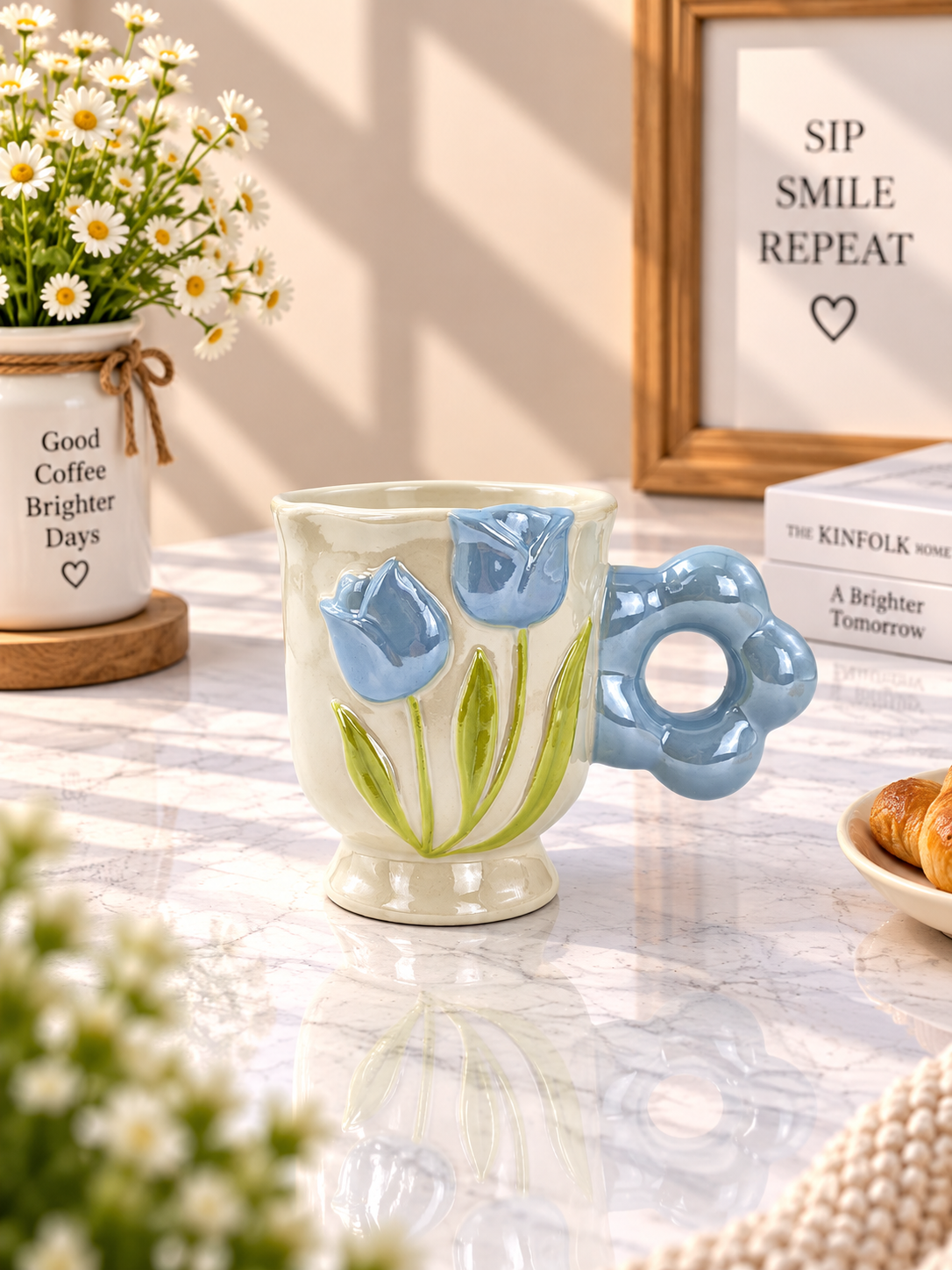 Ceramic Embossed Tulip Coffee Mug with Flower Handle