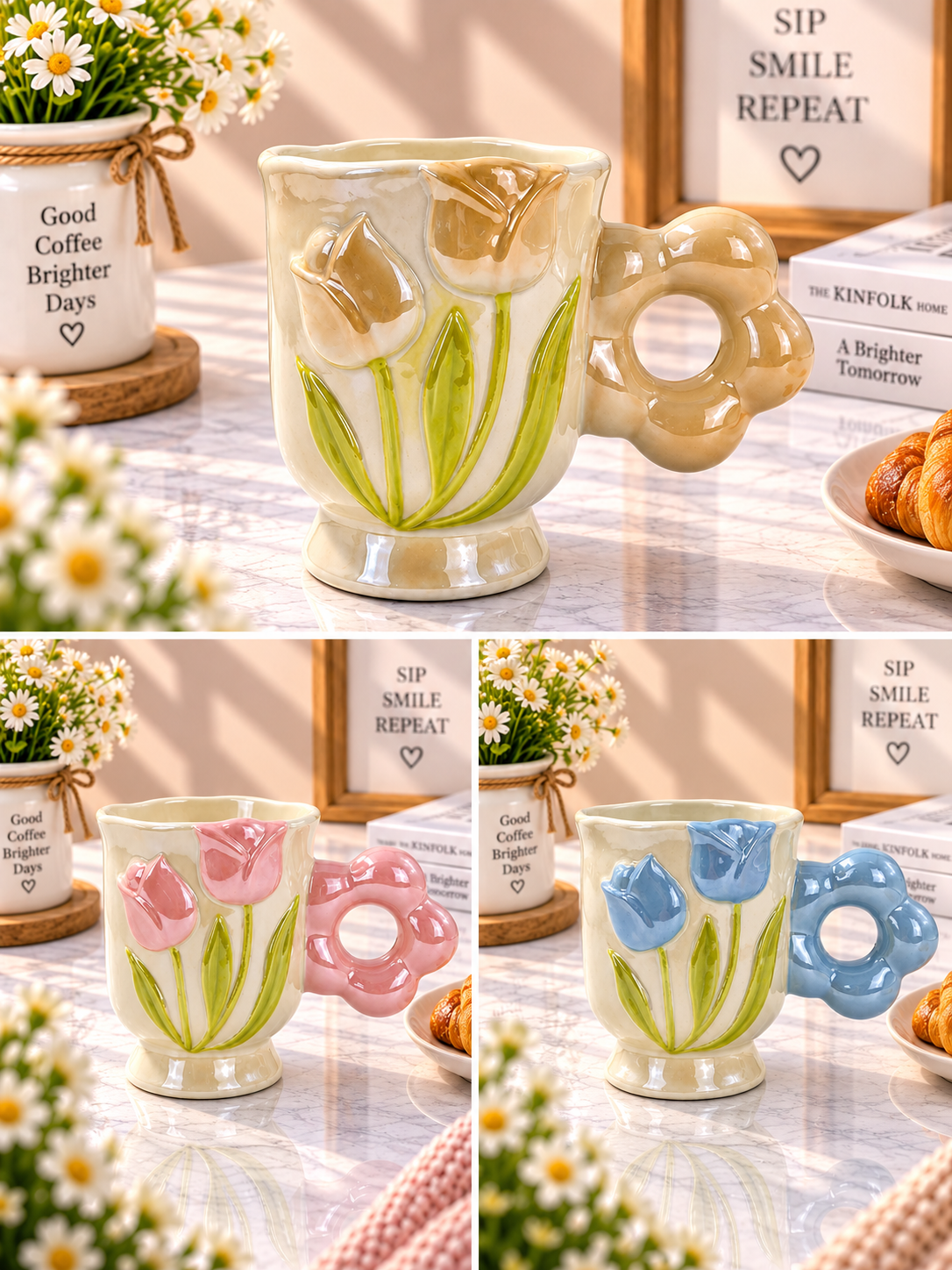 Ceramic Embossed Tulip Coffee Mug with Flower Handle