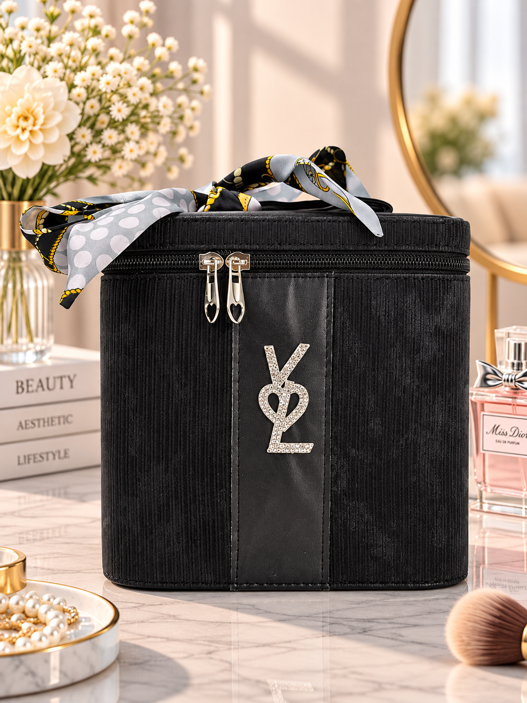 Ribbed Vanity Beauty Box with Scarf Accent