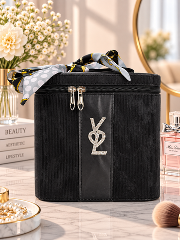 Ribbed vanity beauty box with scarf accent, black ribbed texture with front logo charm