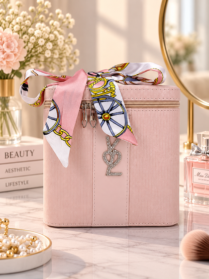 Ribbed vanity beauty box with scarf accent, blush pink with front logo charm and zipper