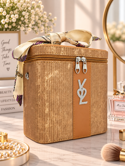 Ribbed vanity beauty box with scarf accent, gold textured finish with front logo charm