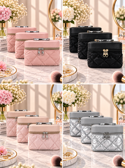 Quilted vanity box set with soft pink and black zippered boxes and metal clasp handles