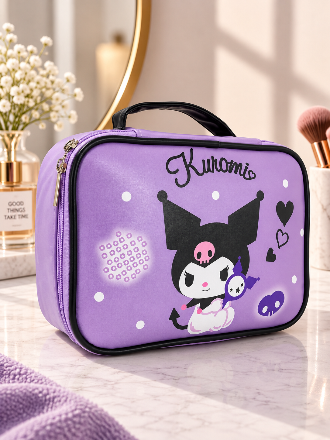 Purple cartoon print cosmetic bag with black trim and character artwork