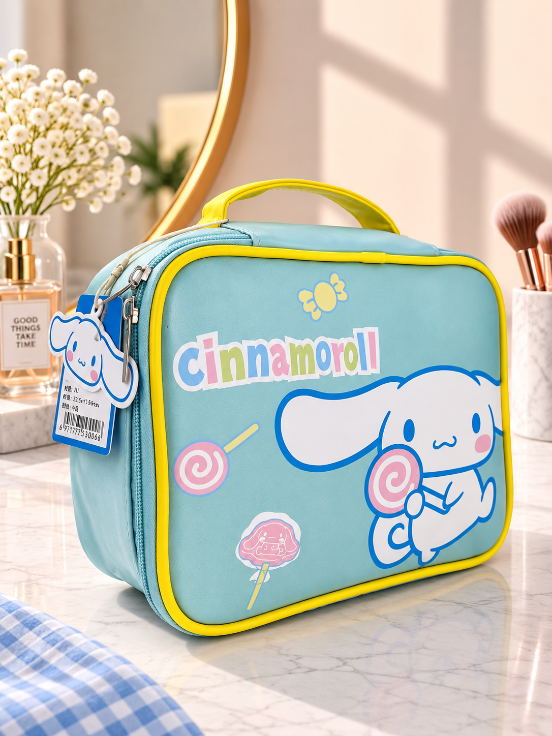 Light blue Cinnamoroll cartoon print cosmetic bag with yellow edging and front zipper pocket