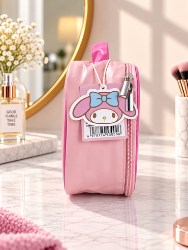 Pink cartoon cosmetic bag with front character patch and zipper pocket