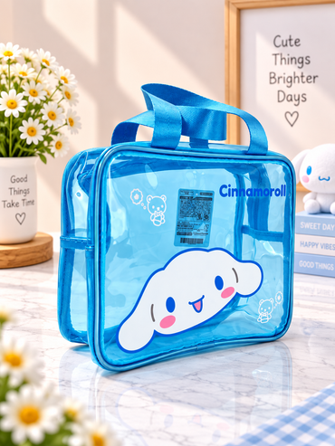 Blue transparent square cosmetic bag with zipper, Cinnamoroll face and side pockets