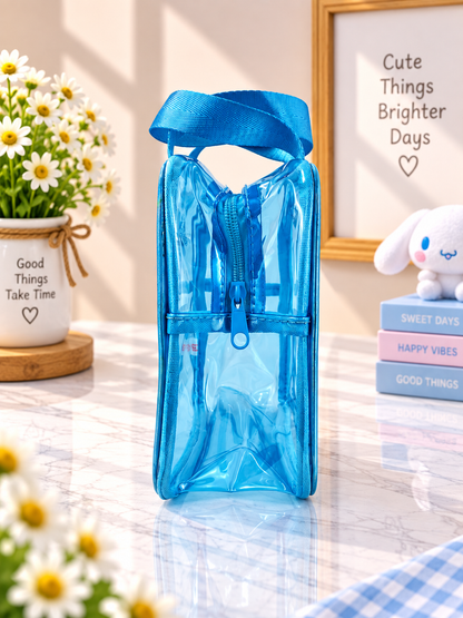Blue transparent tall cosmetic bag with zipper front and top handle, Cinnamoroll design