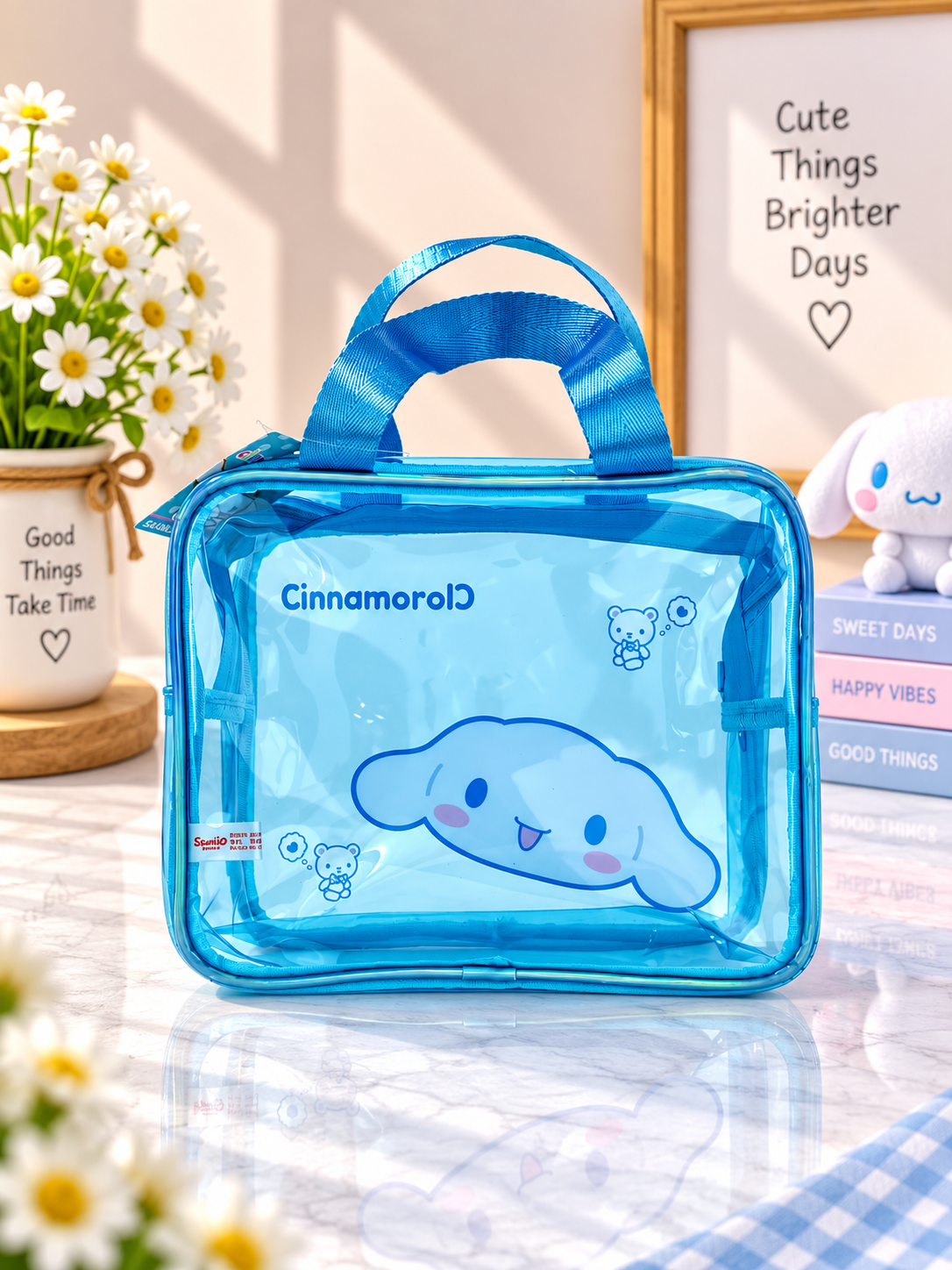 Blue transparent square cosmetic bag with top handle and Cinnamoroll print