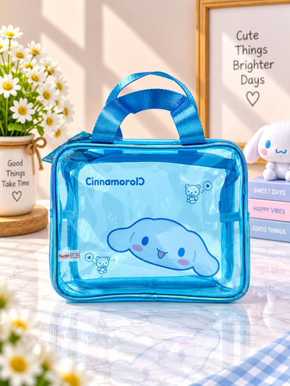 Blue transparent square cosmetic bag with top handle and Cinnamoroll print
