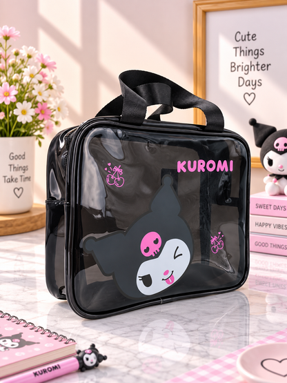 Kuromi transparent square cosmetic bag, black clear with Kuromi face print and top handles