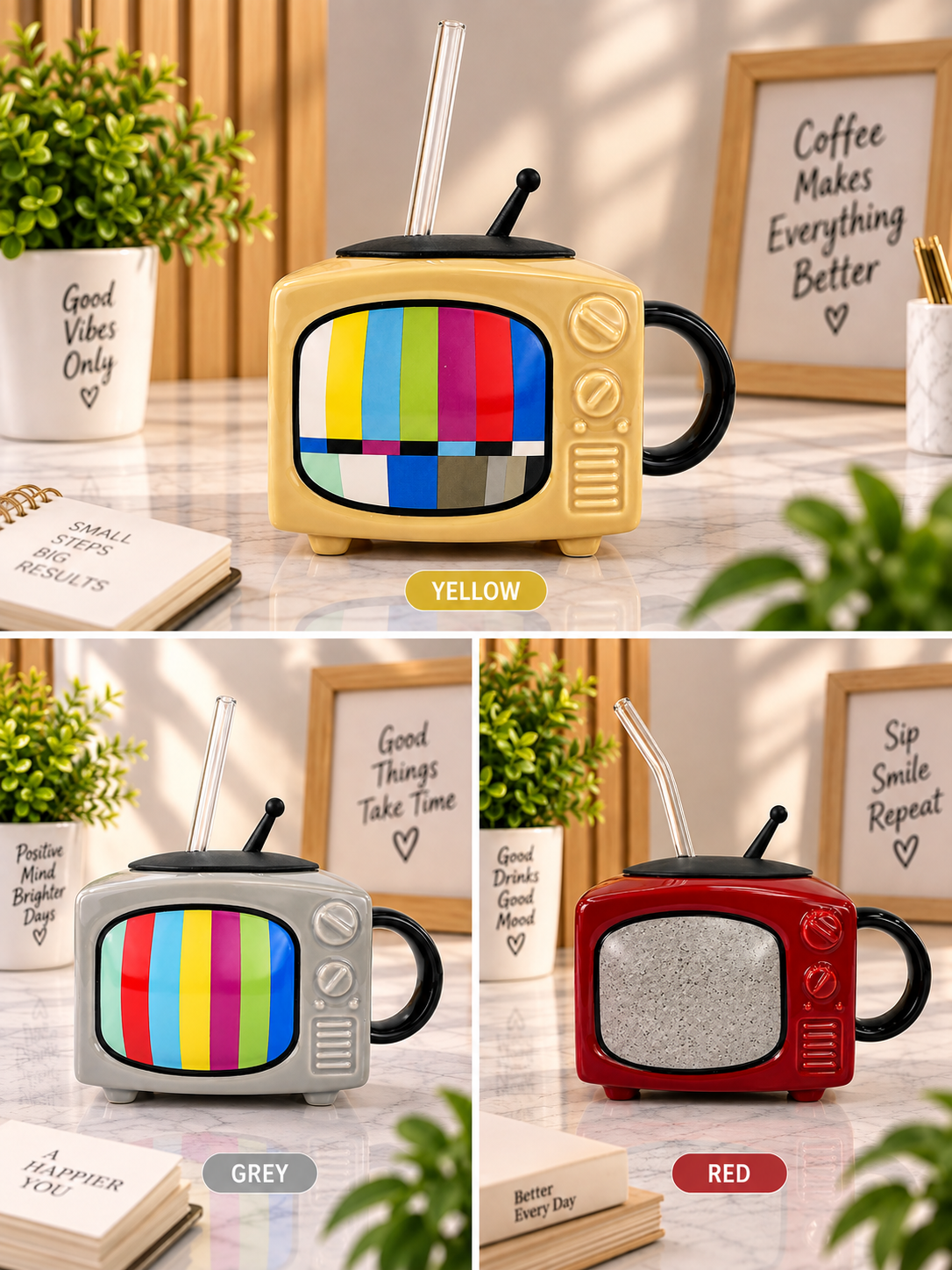 Yellow ceramic TV-style mug with black handle, lid, and clear straw